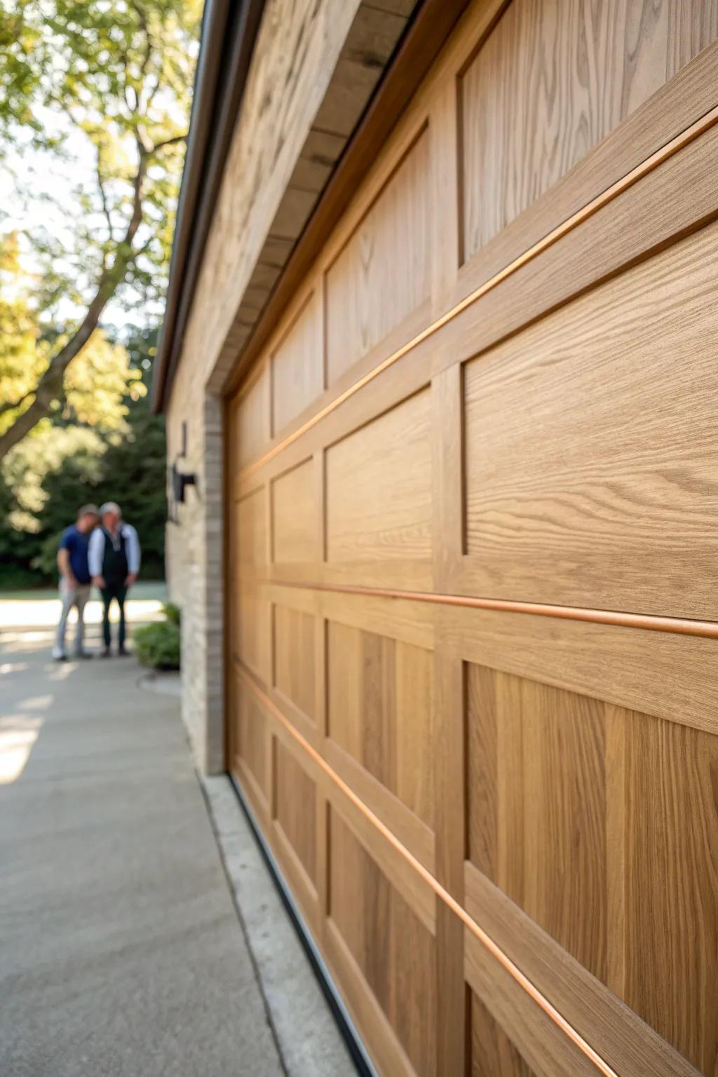 A slim copper inlay turns warm oak into a striking, modern garage door detail.