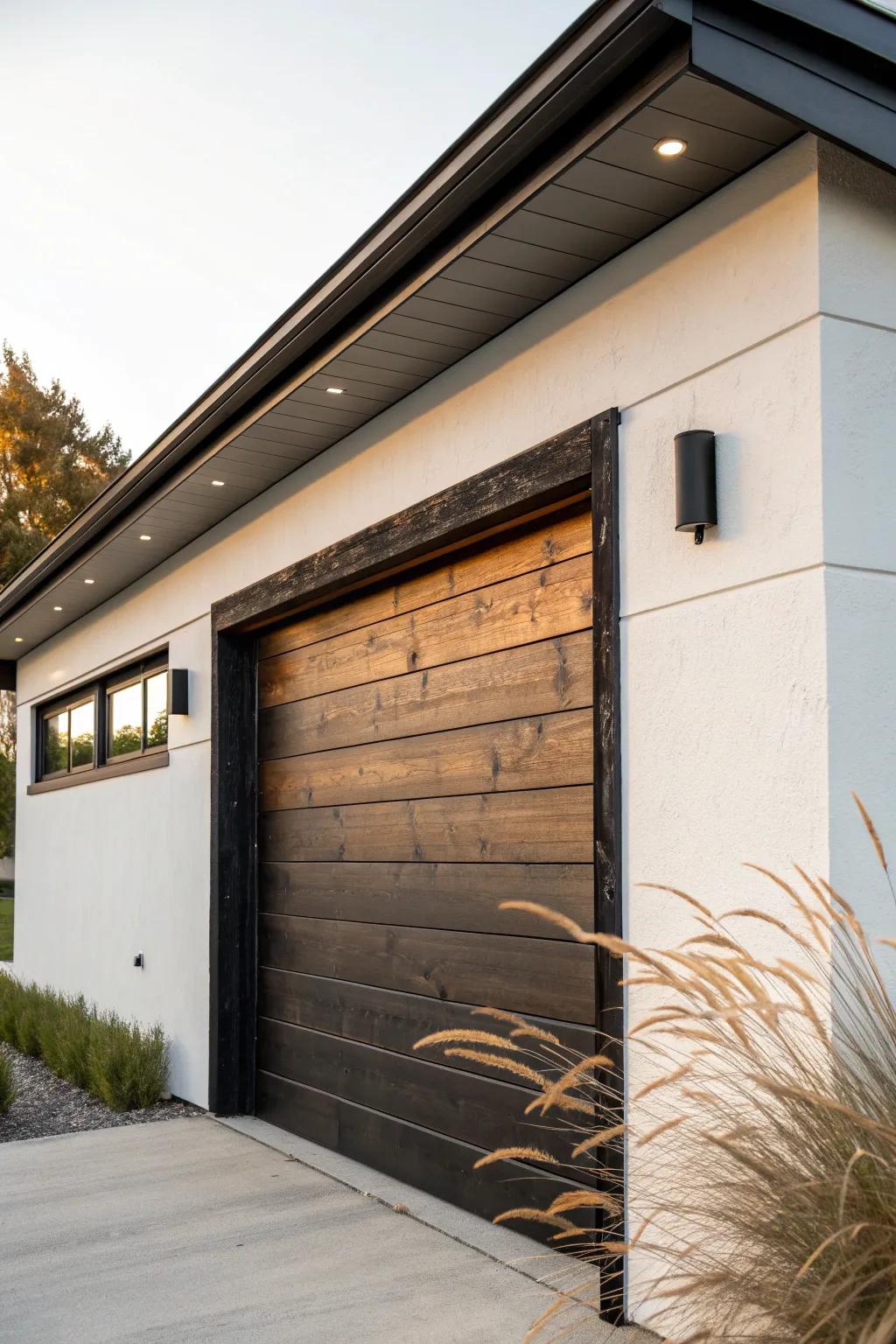 Charred or reclaimed wood trim adds bold contrast and turns your garage door into a design feature.