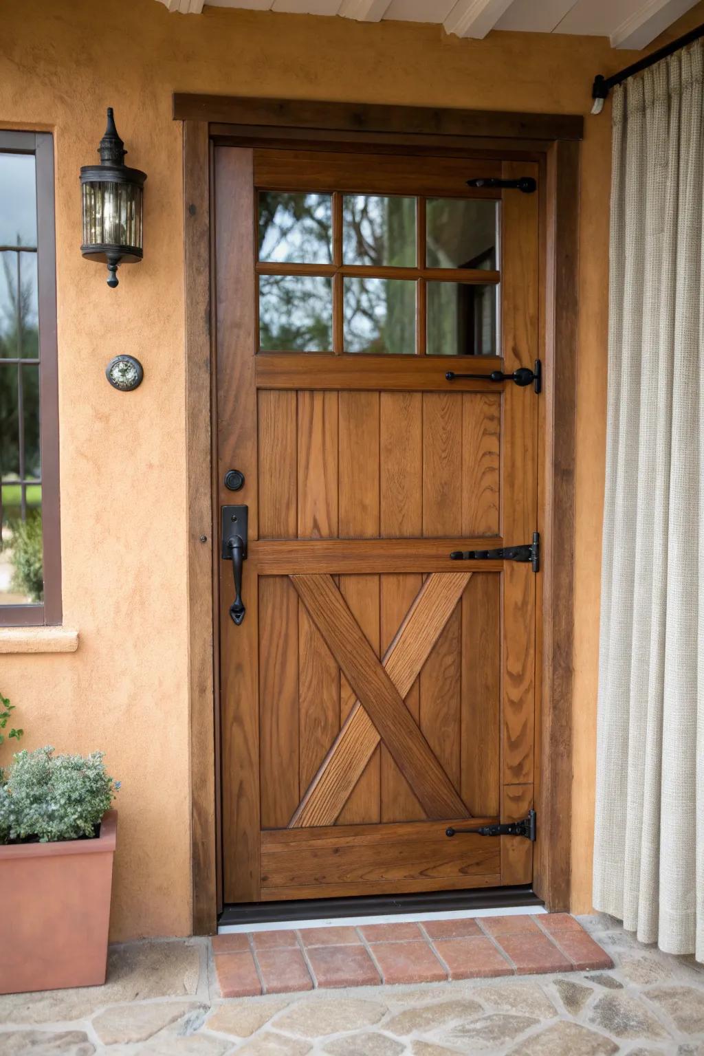 A charming Dutch door: fresh airflow up top, secure latch down below—crafted in warm oak.