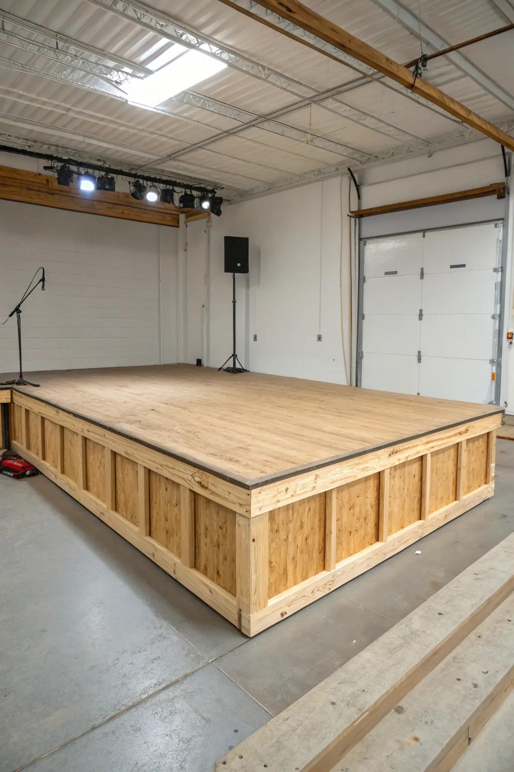DIY garage mini stage: sleek wood slat front with hidden storage for karaoke mics and games.