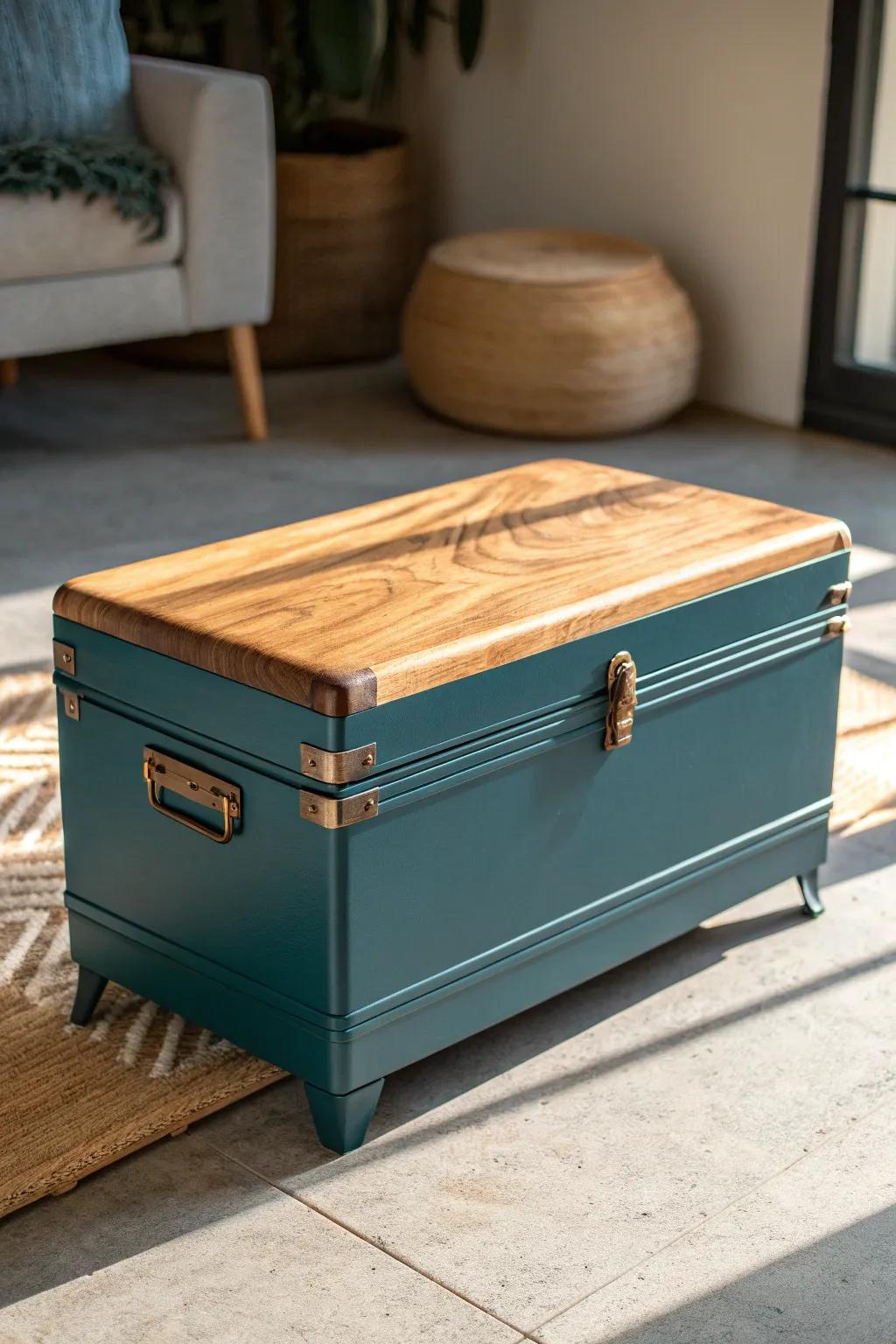 Bright metal toolbox ottoman with handcrafted oak top—garage seating that hides clutter in style.