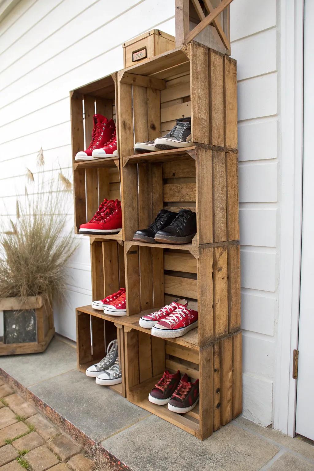 A staggered crate-wall shoe mosaic that turns garage storage into handcrafted decor.