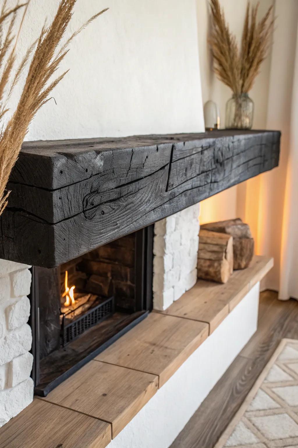 Moody drama, cozy warmth: a charred wood mantel that looks bold against light plaster.