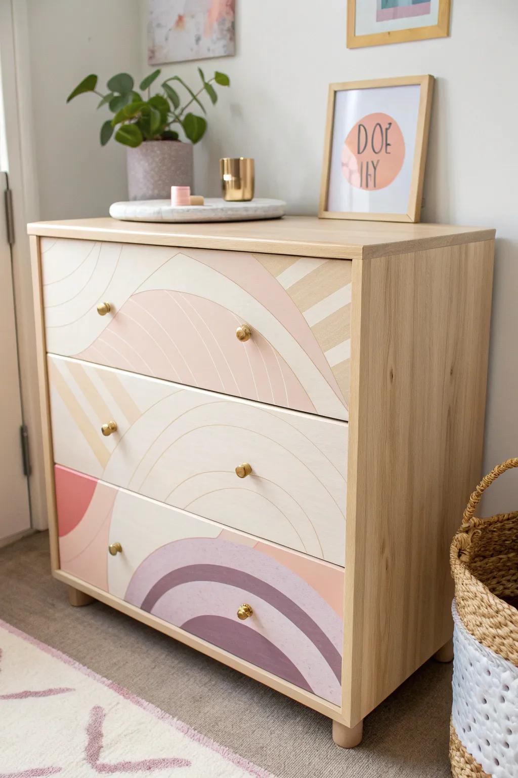 Abstract brushstroke color blocking in peach, rose, and lavender for a modern girl dresser.