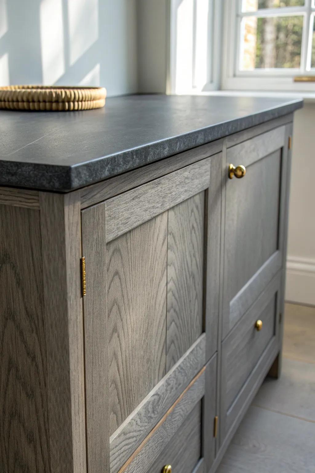 Soft gray cabinets with dark counters add modern depth—moody contrast, warm Scandinavian calm.