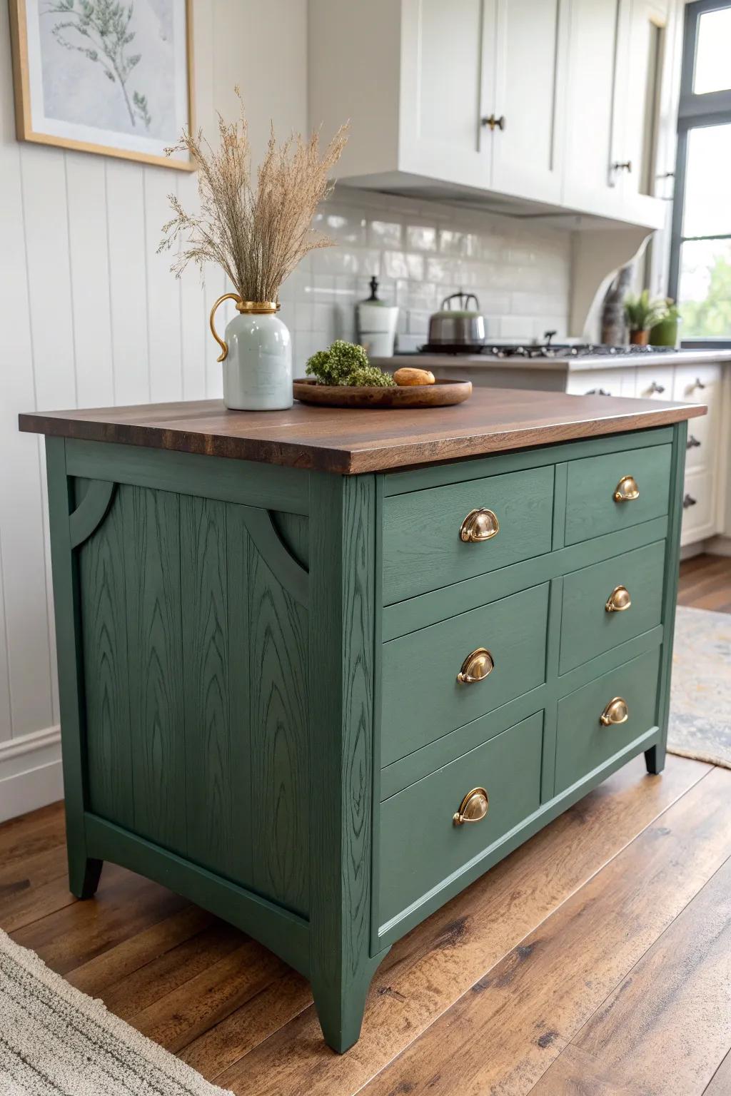 A forest-green upcycled dresser island topped with warm brown wood—bold, rustic, and refined.
