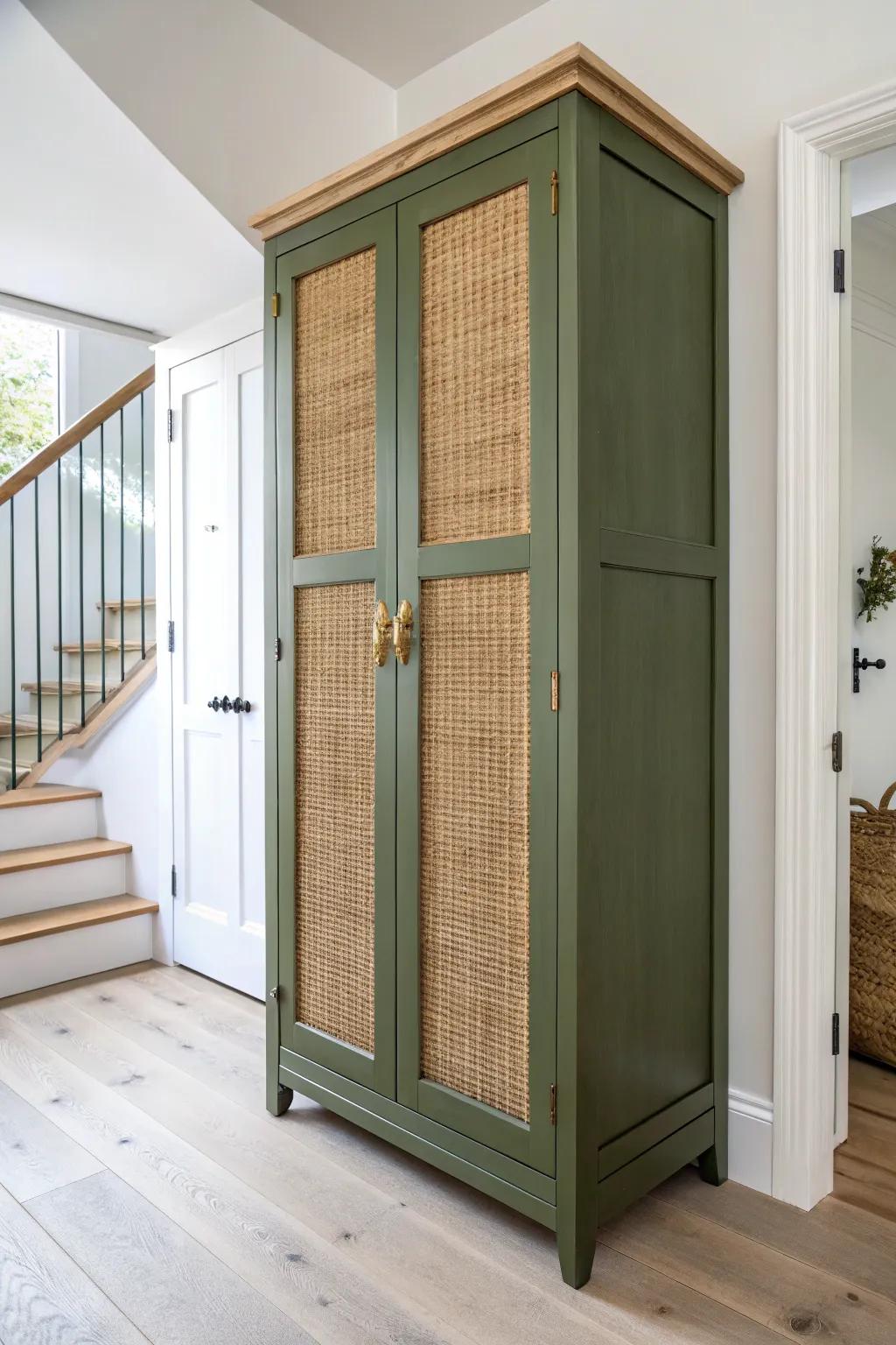 Forest-green cabinet doors with woven cane inserts—minimal, boho texture that elevates any mudroom.