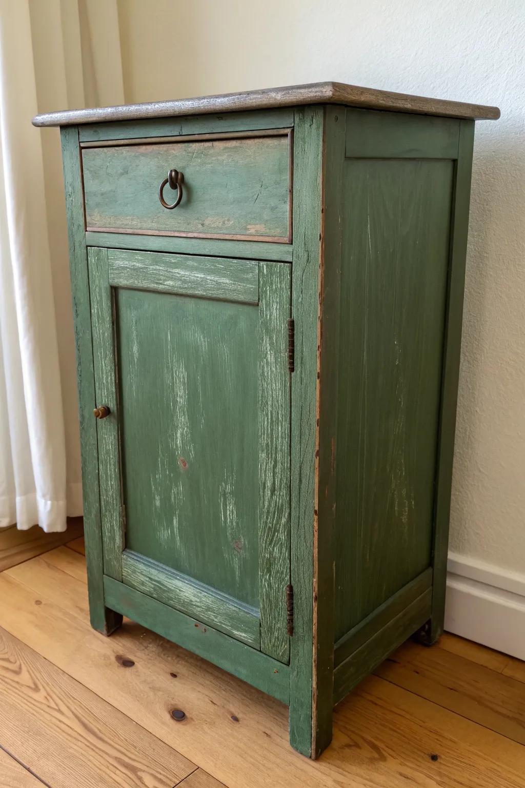 Mossy green cabinet with stone-like texture—rustic scars turned into earthy Scandinavian charm.