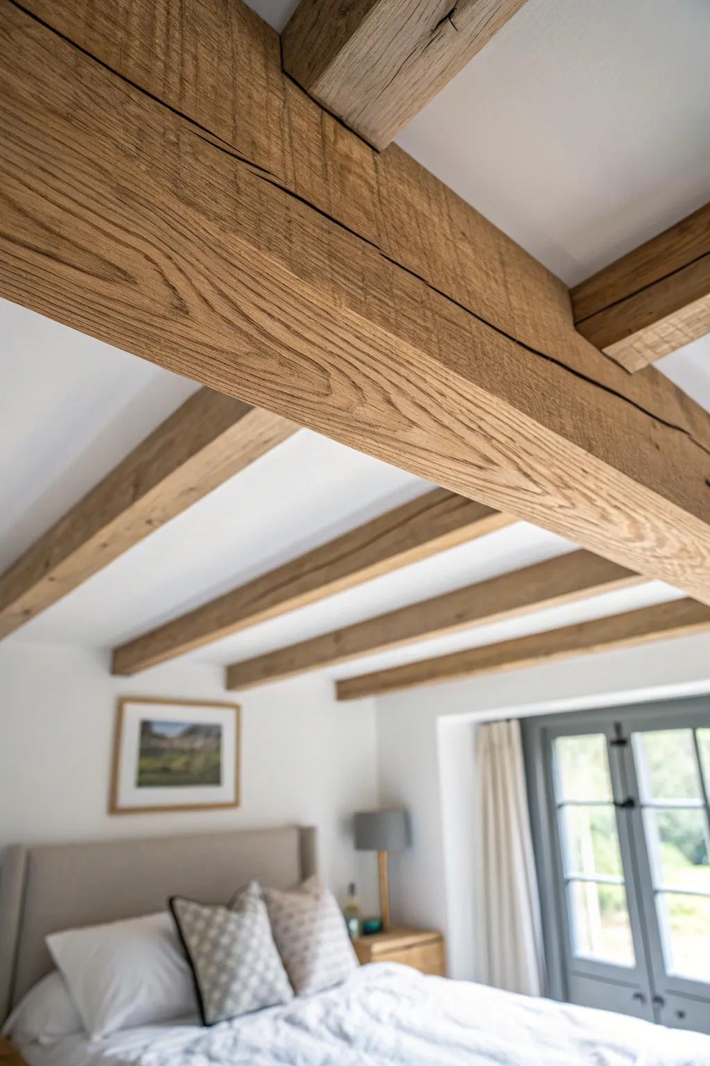 Soft grey ceiling + natural wood beam: a simple contrast that makes the bedroom feel custom.