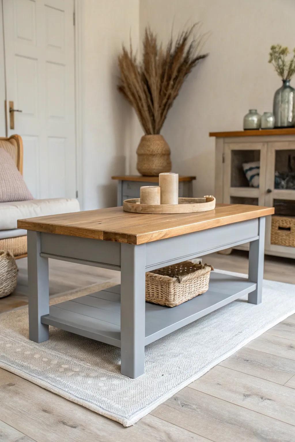Grey base + warm wood top: a two-tone coffee table that adds calm, modern contrast to your living room.