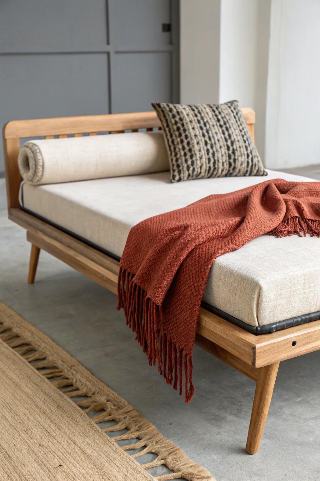 Floating-look oak daybed with a hidden charcoal base—minimal, bold, and beautifully custom.