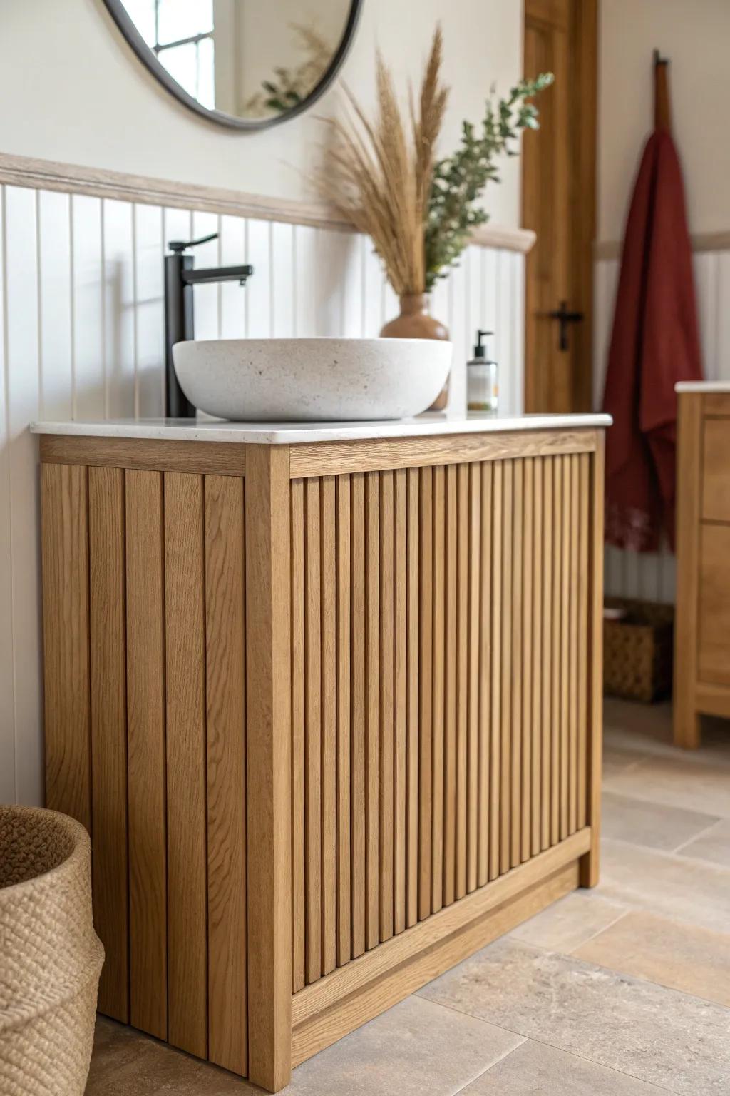 Vertical wood slats behind the vanity add height, texture, and instant powder-room wow.