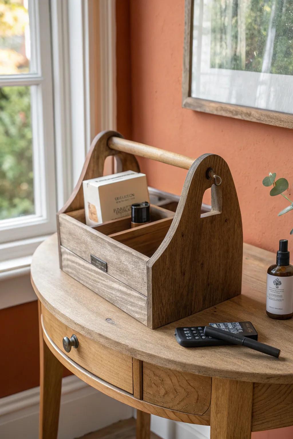 A vintage wood caddy keeps half-moon table essentials tidy—styled, not cluttered.