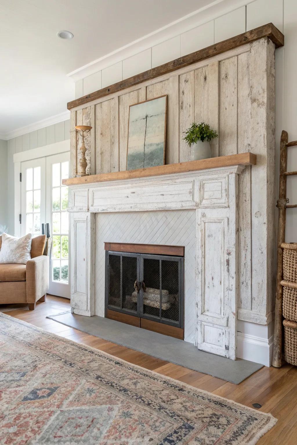 Reclaimed door panels add instant story and texture to a half-wall fireplace surround.