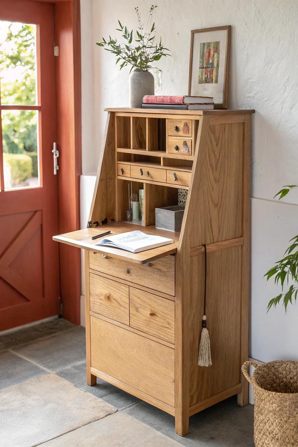 Slim oak hallway cabinet with a flip-down mini desk—mail sorting made beautifully simple.