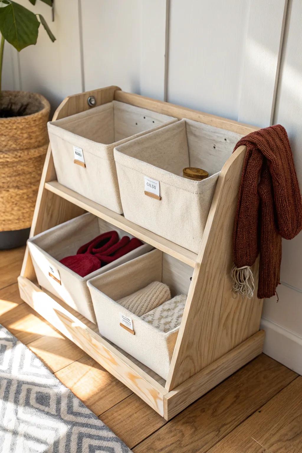 Angled plywood bin shelves turn your hallway closet into a grab-and-go wall for hats and gloves.