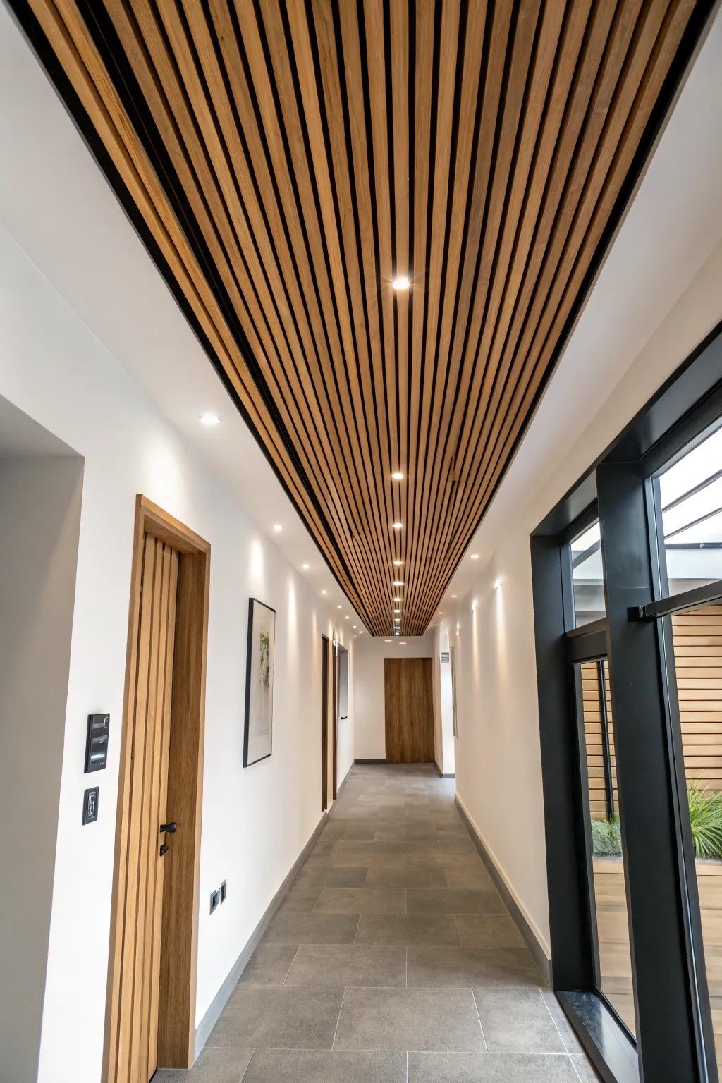 Lengthwise oak ceiling slats add height illusion—clean lines, bold contrast, crafted warmth.