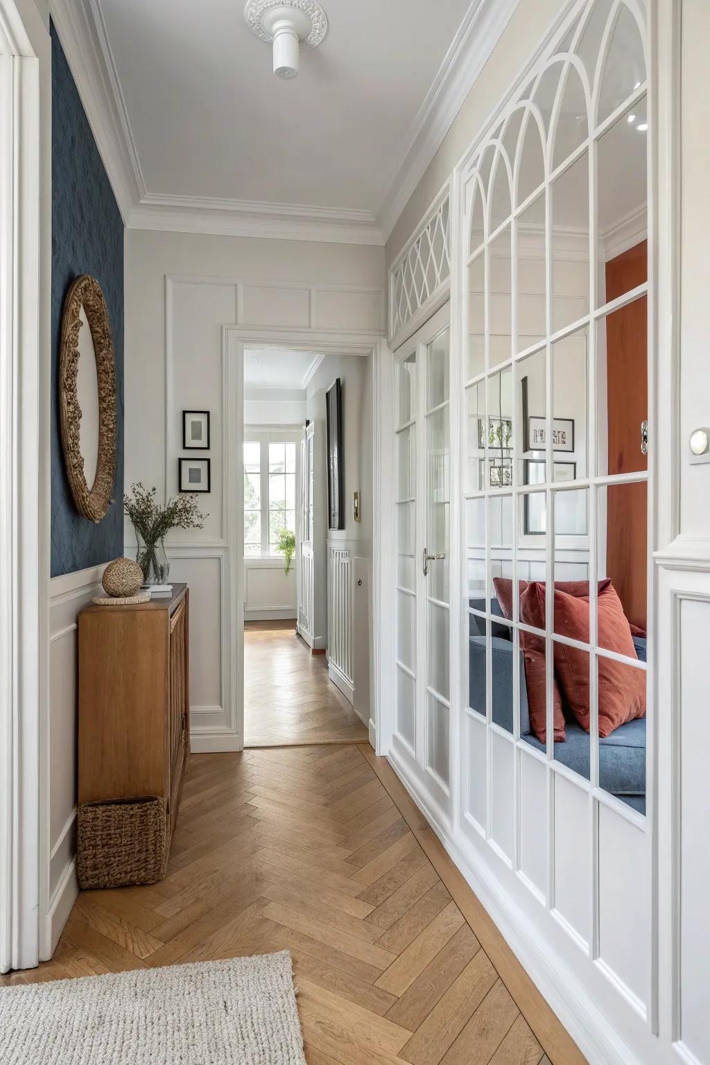 Mirror panels inside box molding: built-in shine that doubles light in a narrow hallway.