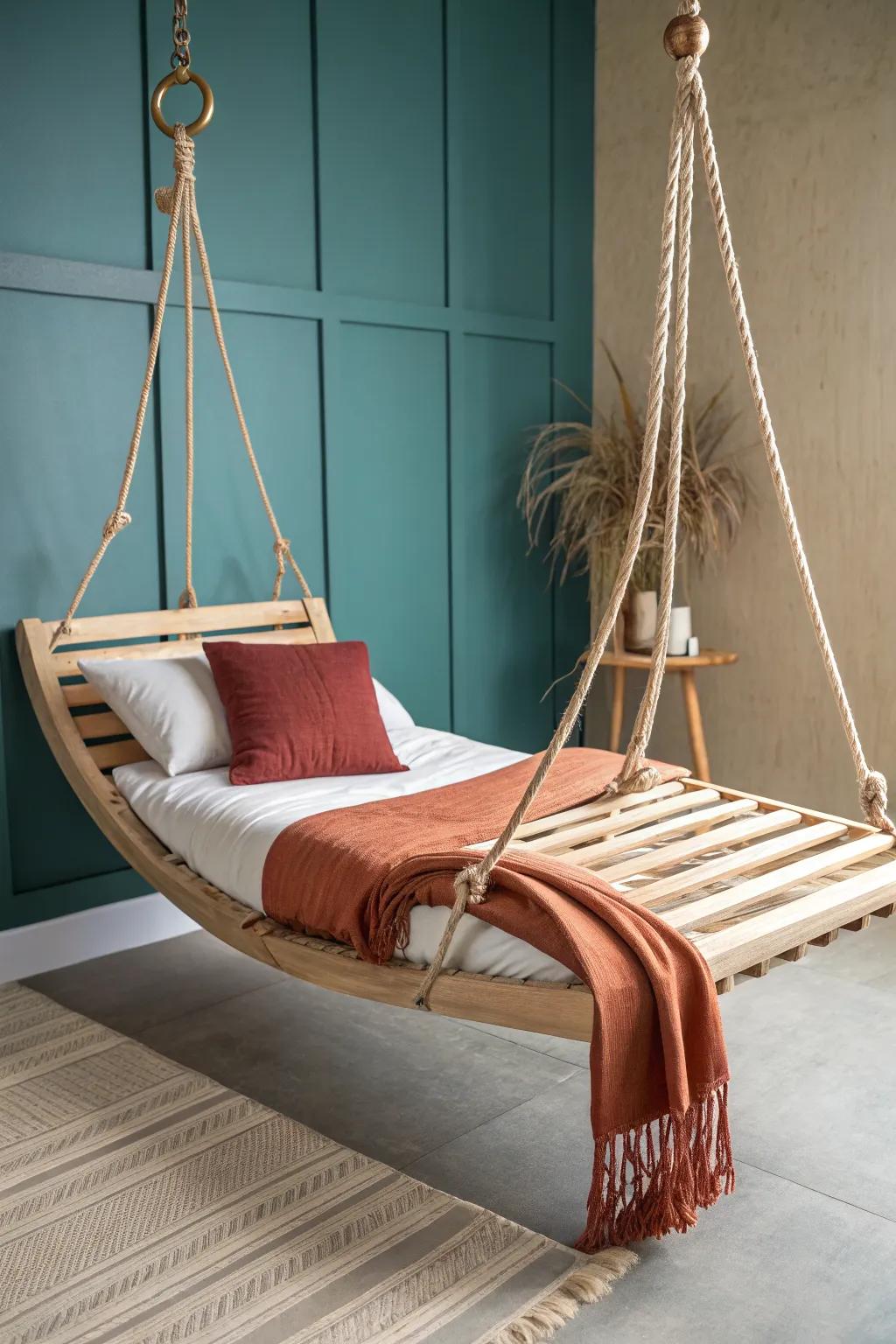 Hammock-like slatted wood hanging bed—minimal, cozy, and crafted to float in serene style.