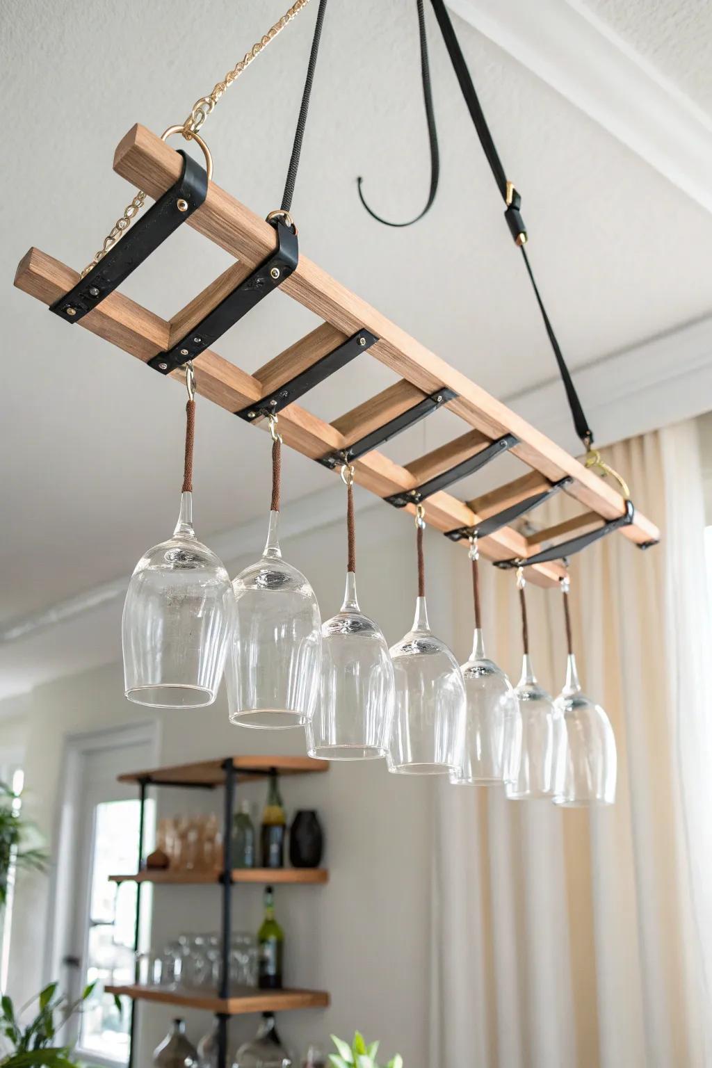 Salvaged wood hanging ladder turns stemware into a striking, minimalist bar display.