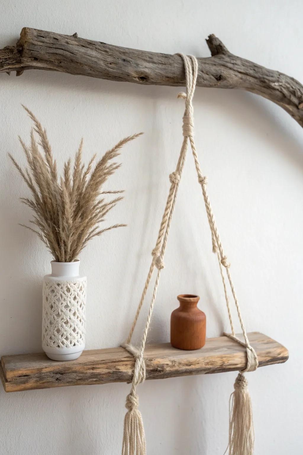 Driftwood branch hanging shelf: minimalist, boho, and beautifully handmade texture.