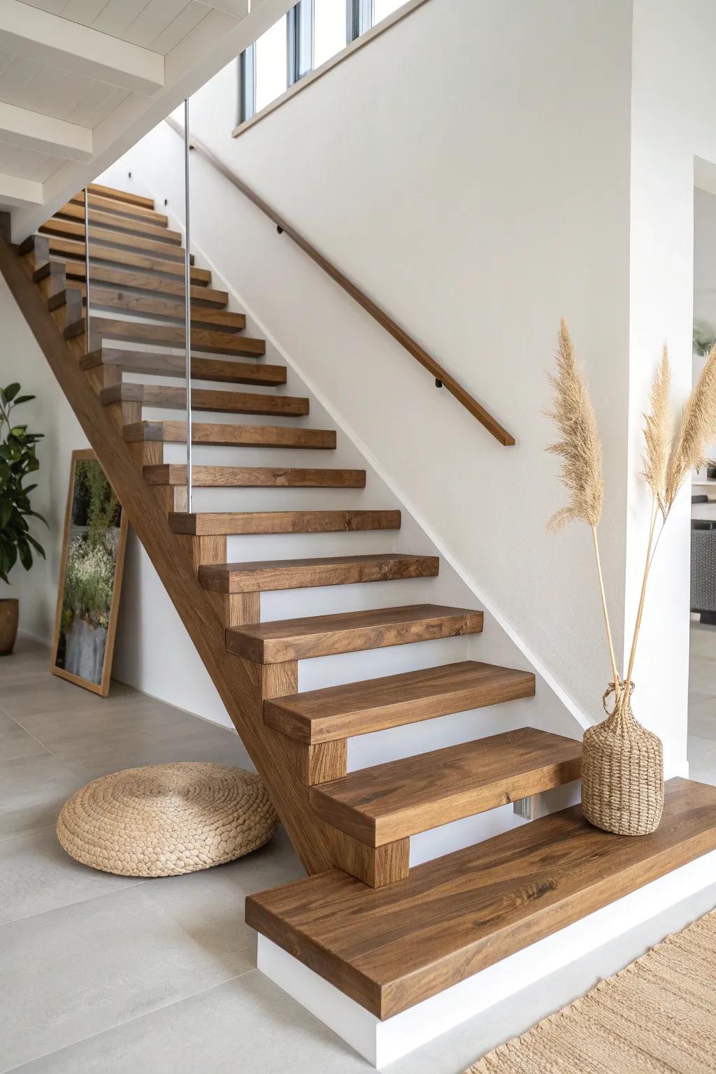 Sculptural floating walnut treads—extra thick, minimal lines, and dramatic shadow gaps.