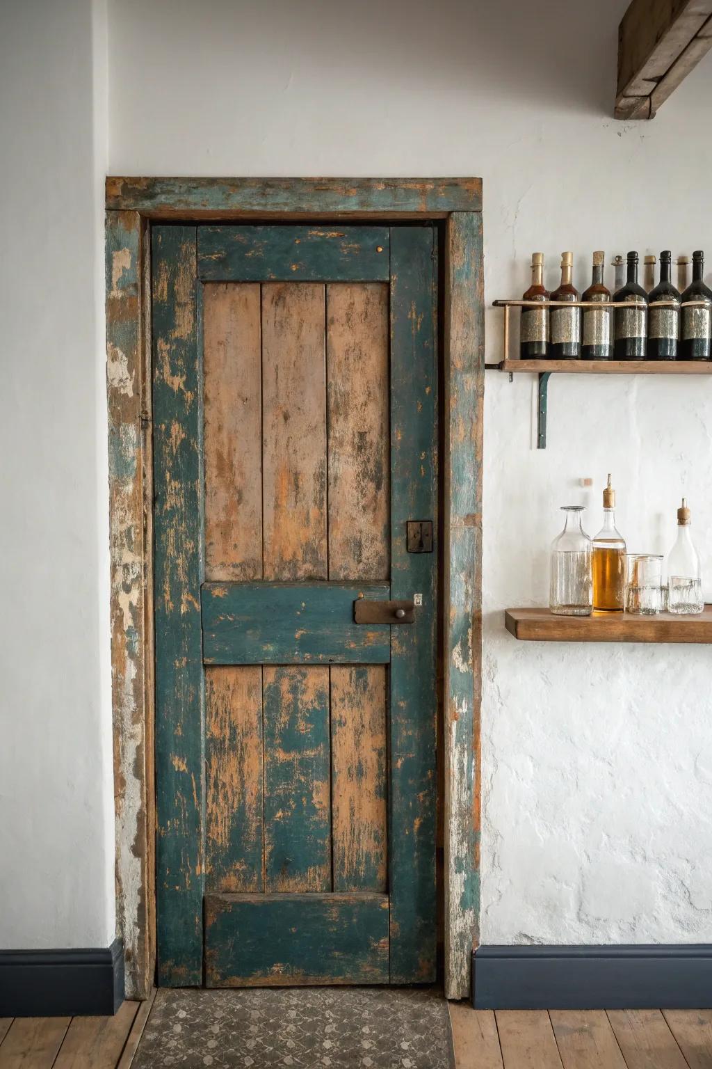 A reclaimed door backdrop adds patina, color, and instant vintage charm to a minimalist back bar.