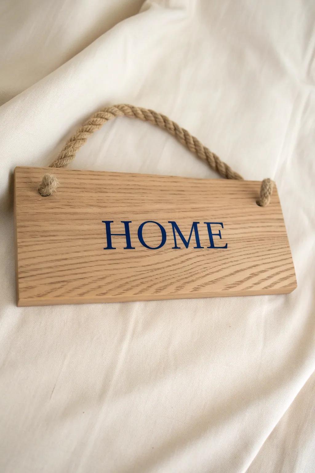 Coastal-meets-rustic HOME sign with an inlaid rope handle—minimal, bold, and beautifully handmade.