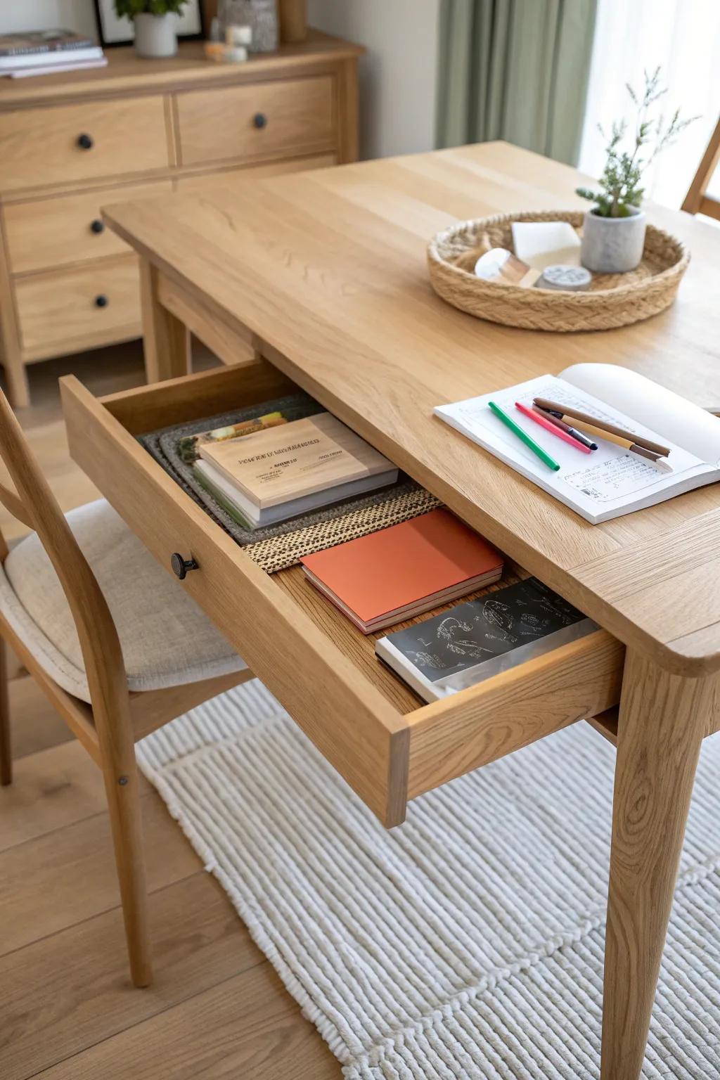 A hidden under-table drawer keeps each kid’s schoolwork organized—and the table looks grown-up.