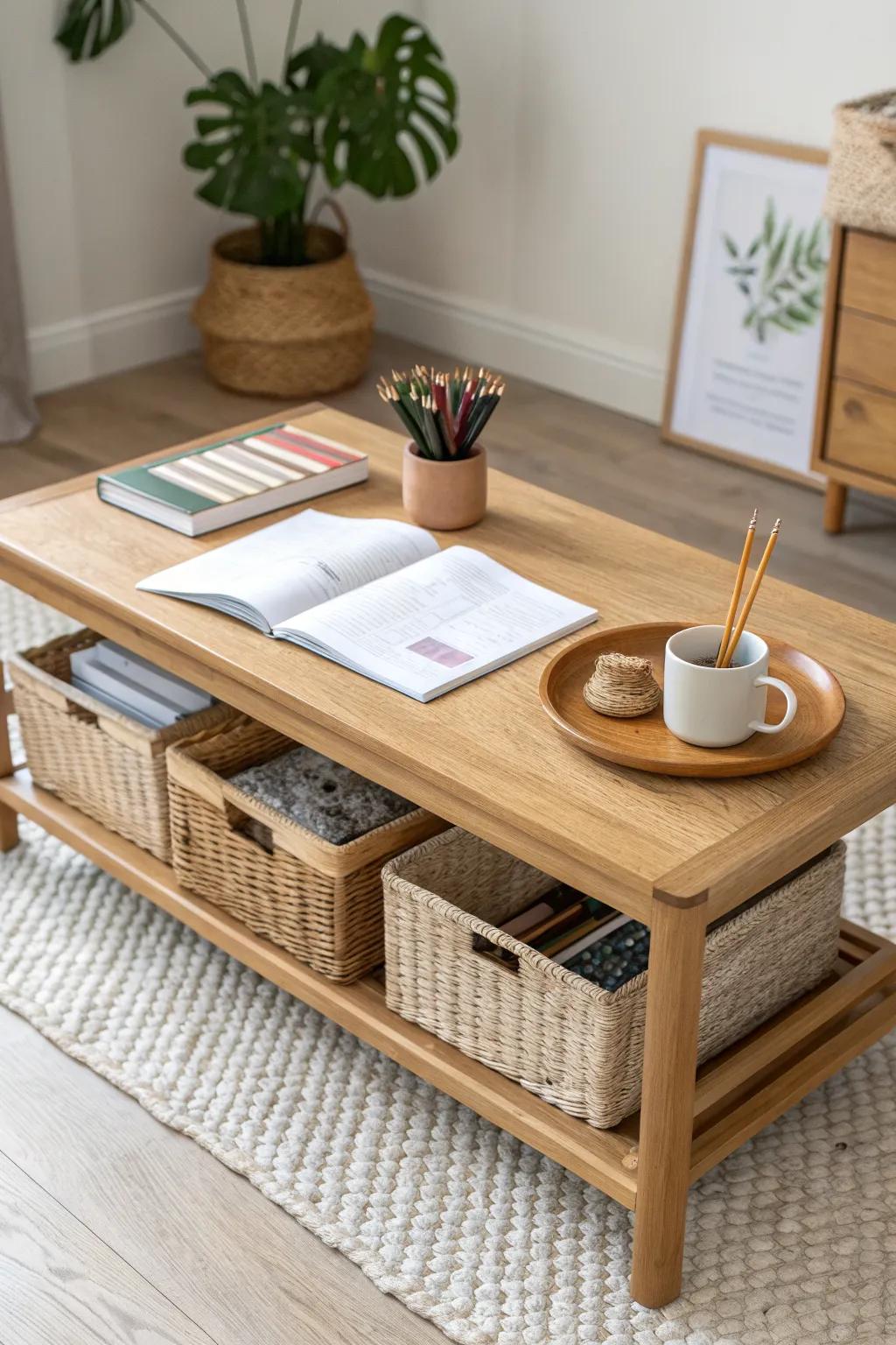 Turn one coffee table into a homeschool teacher command center—pretty, minimal, grab-and-go.