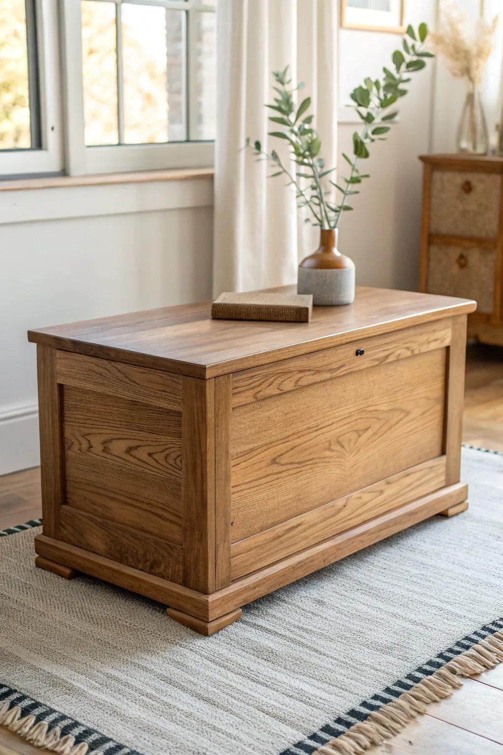 A sleek hope chest with a hidden base compartment—secret storage with artisan-made style.