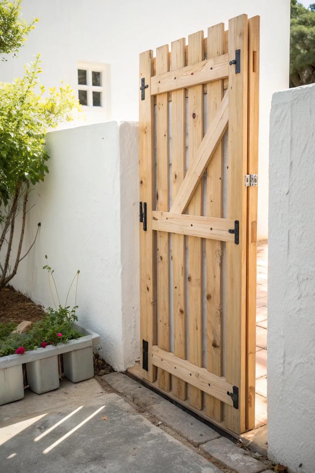 Pallet slat gate, real framed build—lightweight, straight, and beautifully Scandinavian.