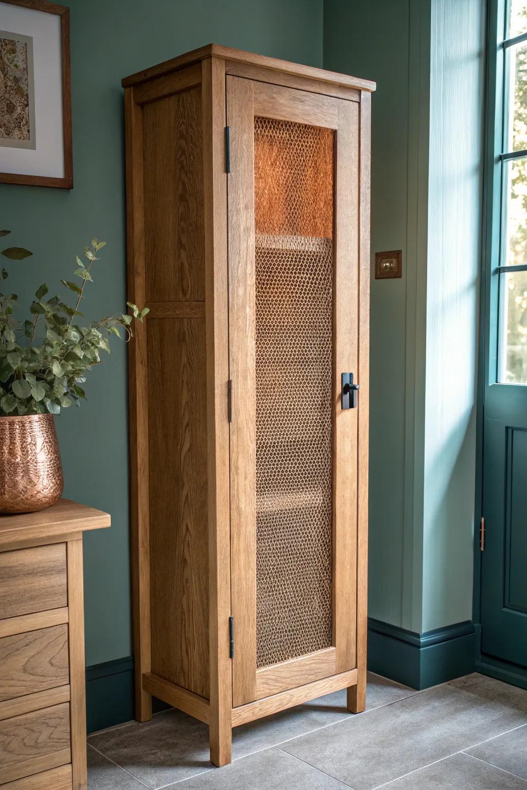 Upgrade glass doors with warm copper mesh—industrial texture meets minimalist oak craftsmanship.