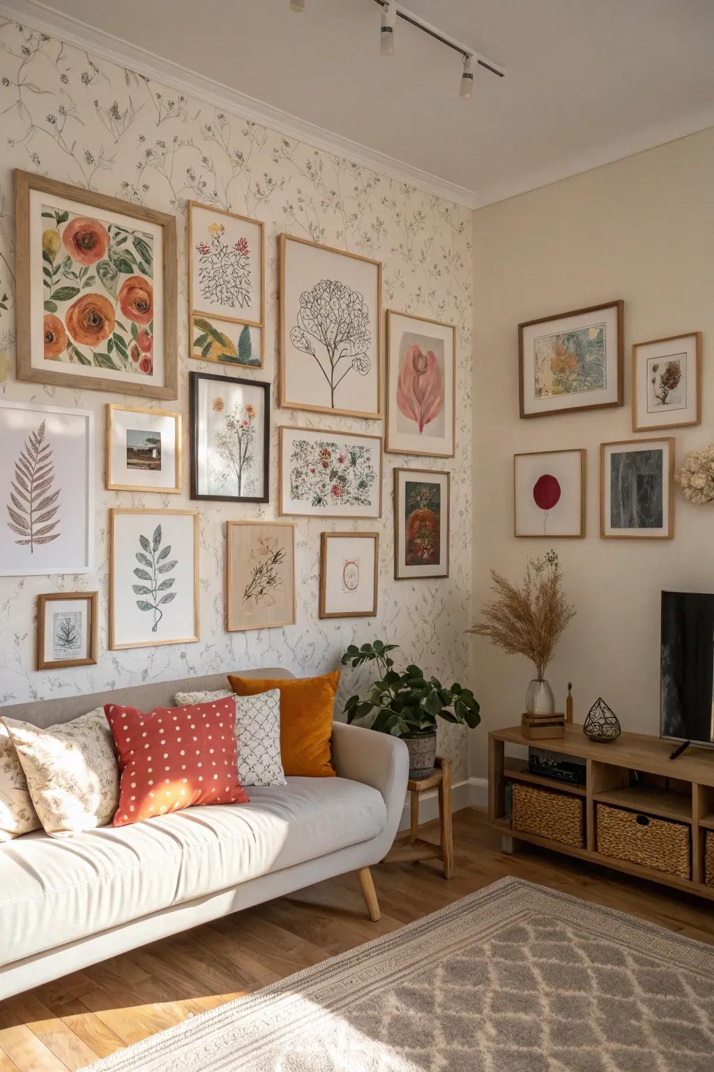 Transform your space with a personalized gallery wall that brings artistry and charm, beautifully covering up the wallpaper beneath.
