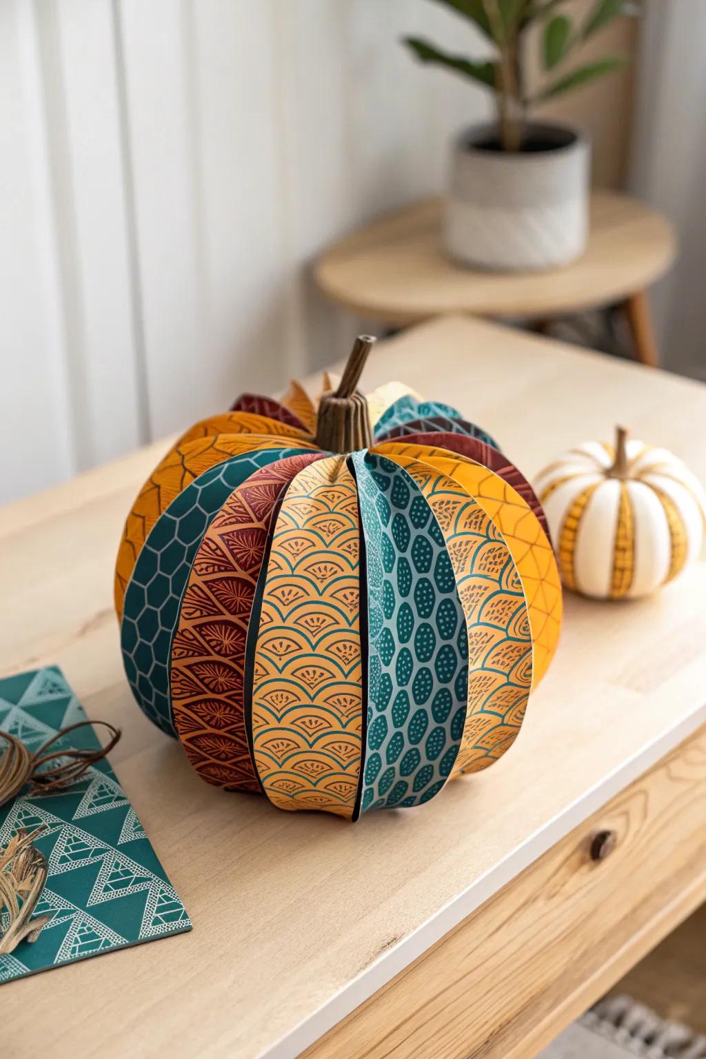 Elevate your autumn decor with a stunning patterned paper decoupage pumpkin, blending bold colors and minimalist charm.