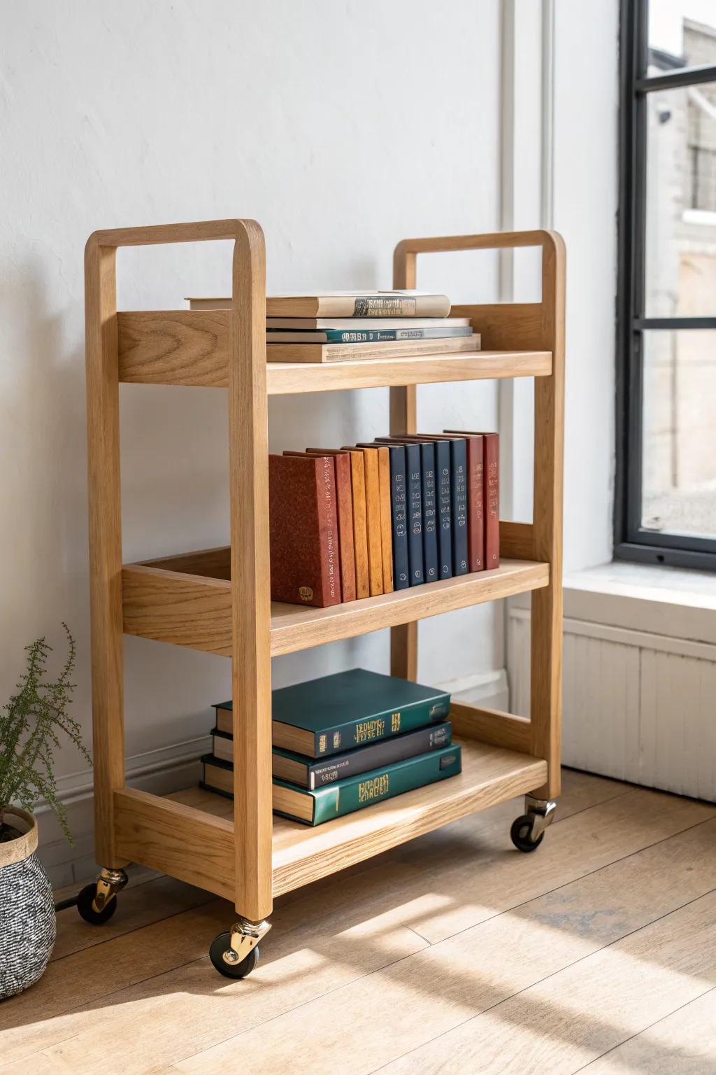 A movable mini library: a handcrafted rolling cart keeps your current reads within reach.