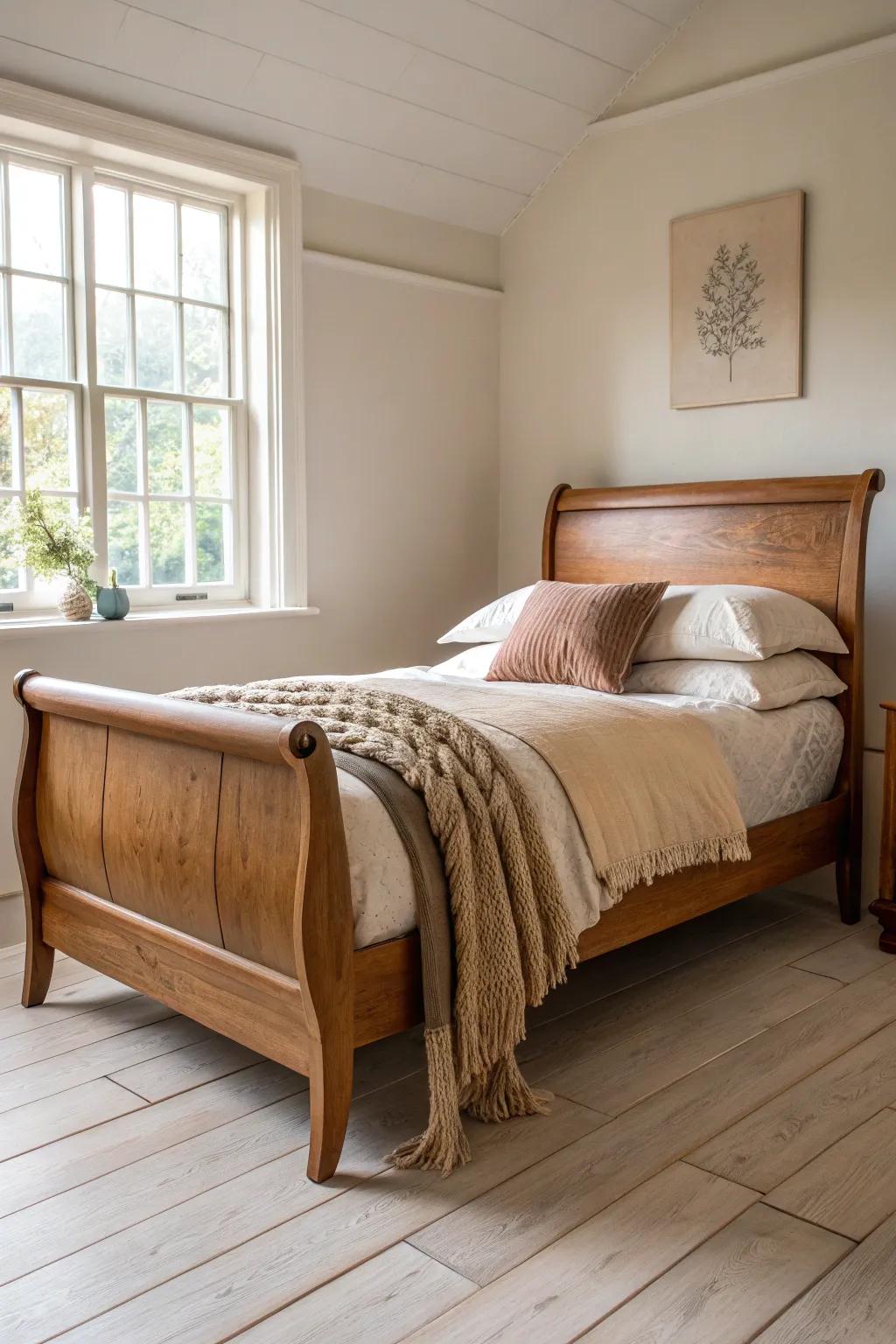 Tone-on-tone wood and oatmeal linens let a sleigh bed’s curves feel softly luxurious.