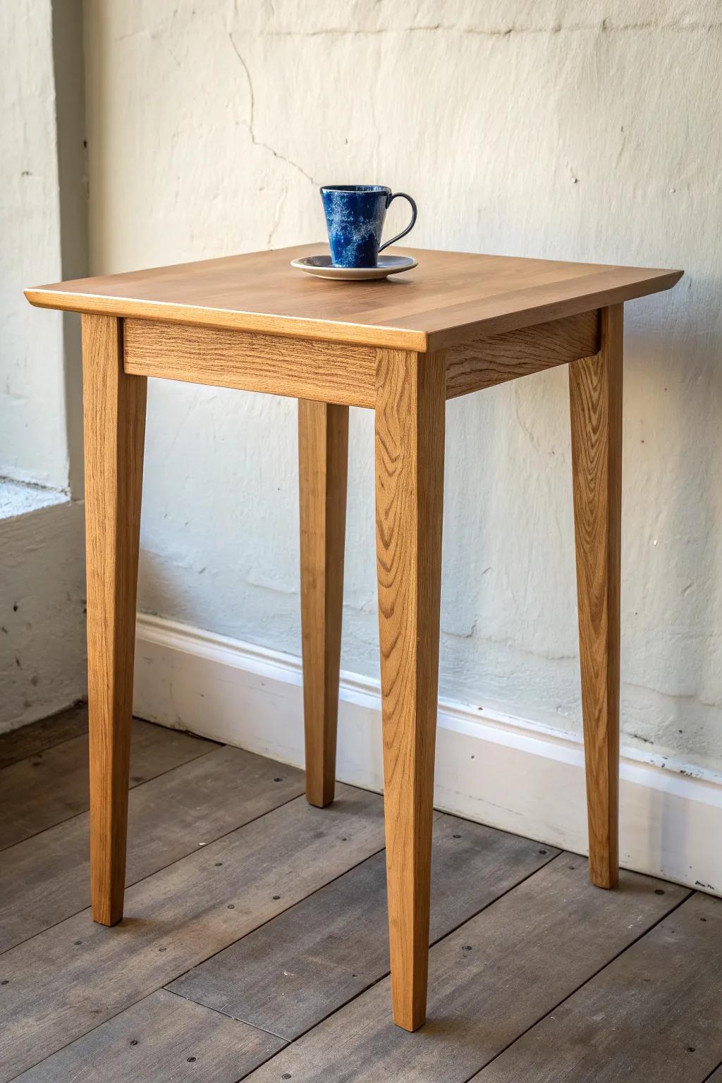 Counter-height micro bistro table in light oak—slim, handcrafted, and perfect for tiny kitchens.
