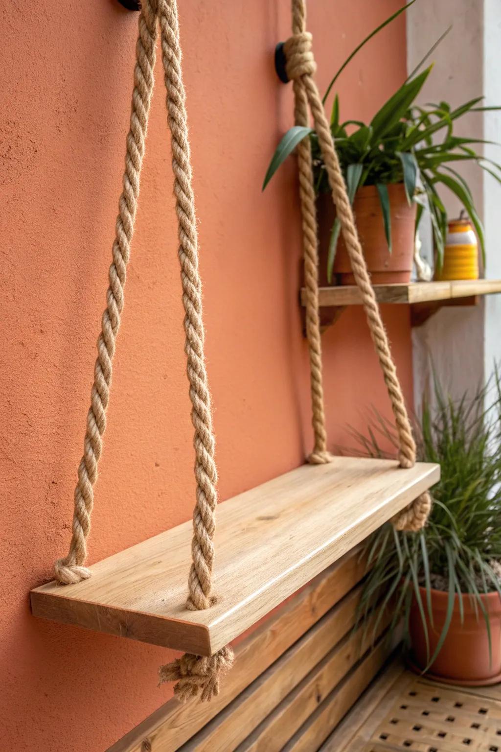 Rope-hung shelf styling: light oak, clean knots, and an airy plant-friendly look.