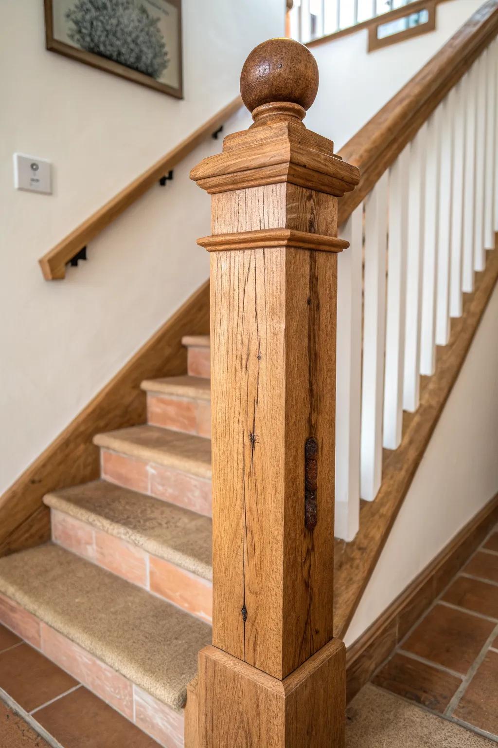 A chunky reclaimed-wood newel post adds farmhouse warmth and anchors a stair replacement.