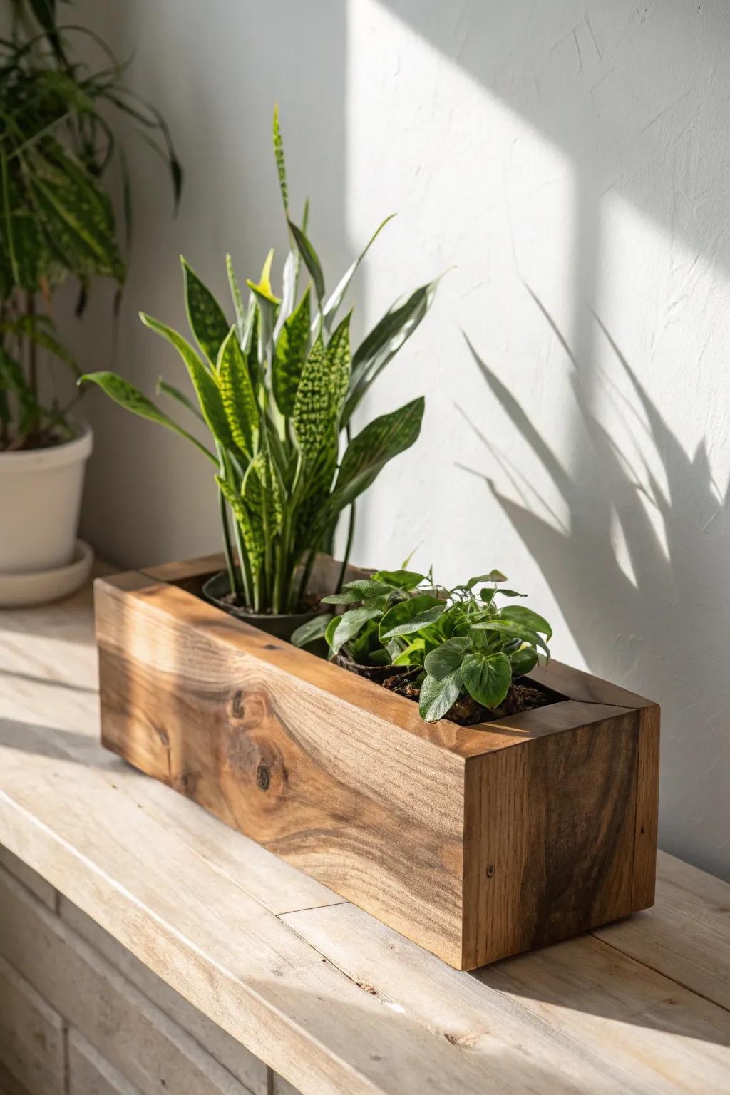 Live-edge walnut trough planter—matte finish, bold terracotta pop, and lush greenery.