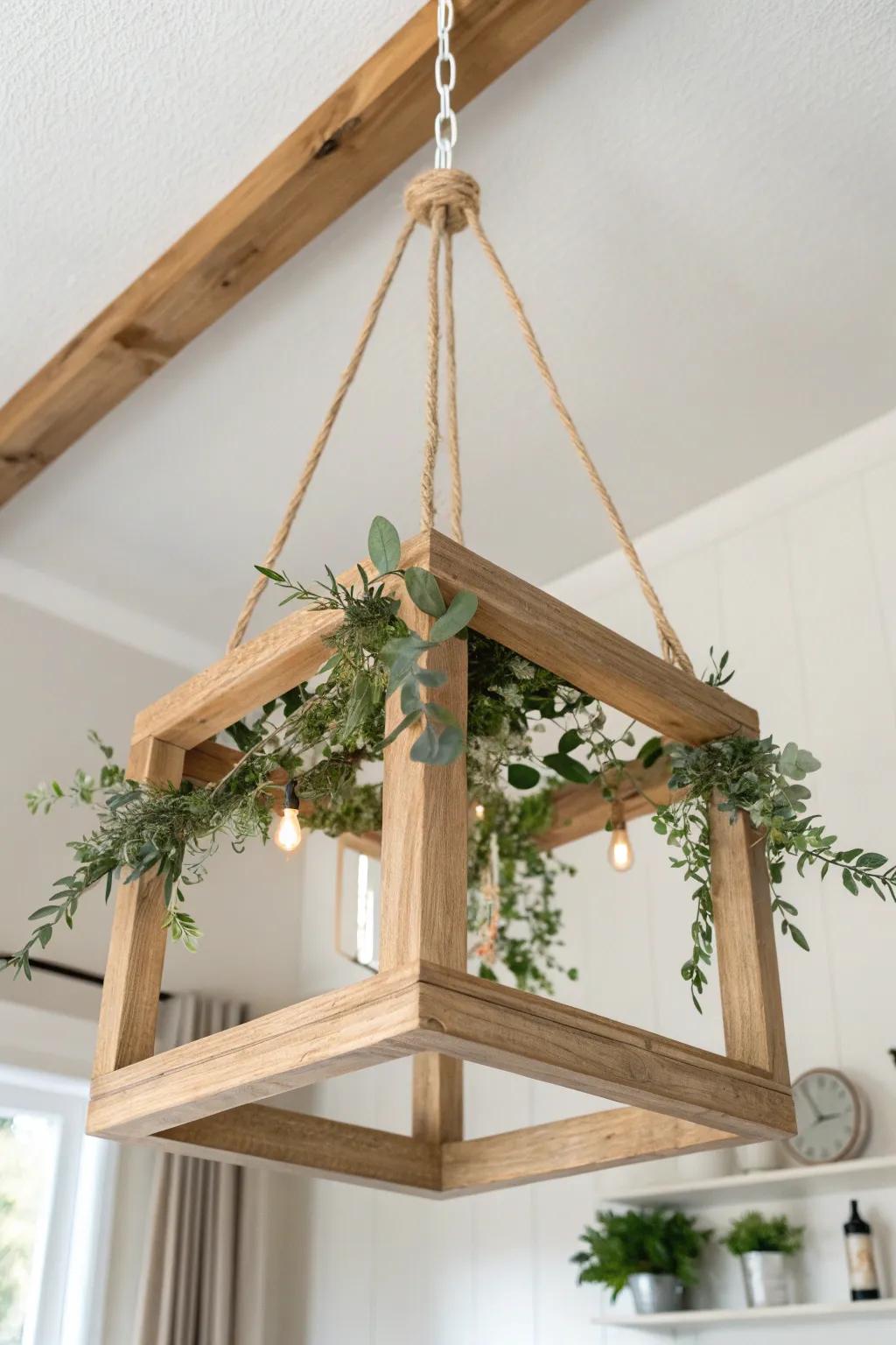 Handmade wooden chandelier frame with greenery and warm lights—an indoor rustic wedding wow.
