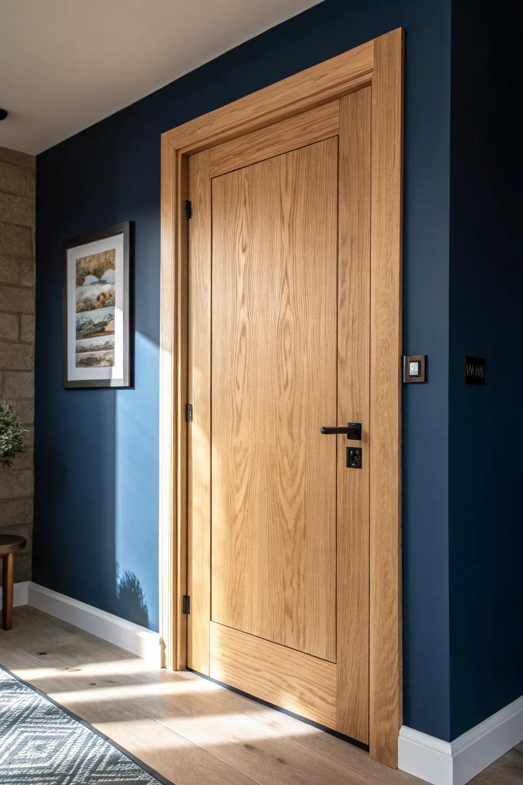 Solid-core oak door with tight seals—quiet upstairs, cozy movie nights downstairs.