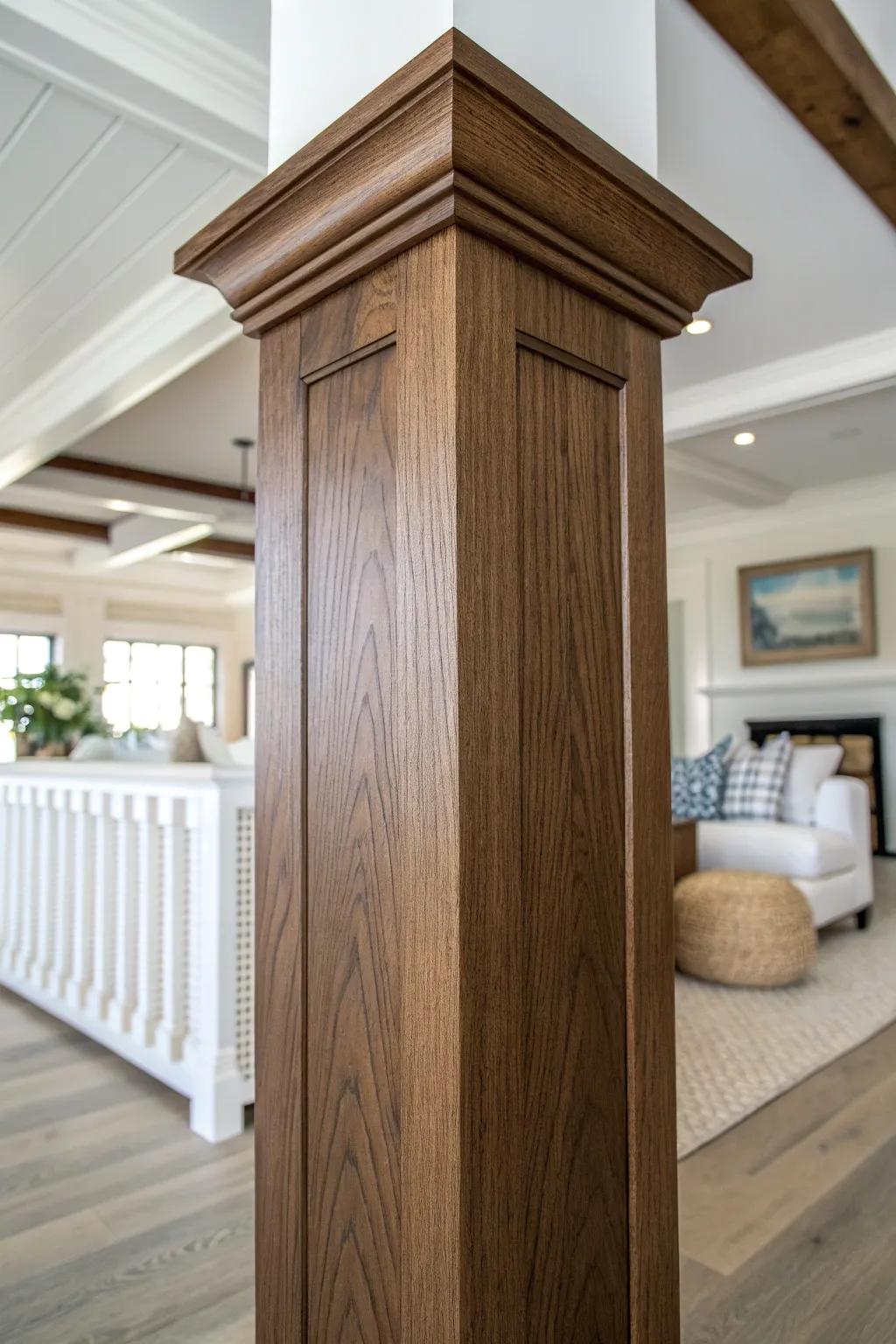 A column-to-pony-wall wrap that defines open space with seamless trim and rich, warm wood.