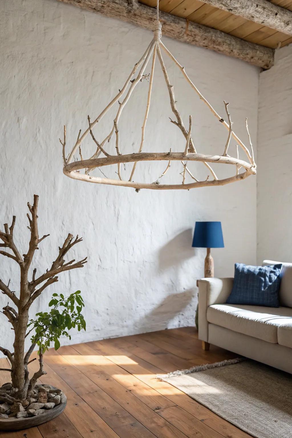 Airy birch-branch chandelier that casts bold, sculptural shadows—minimal, boho, and refined.