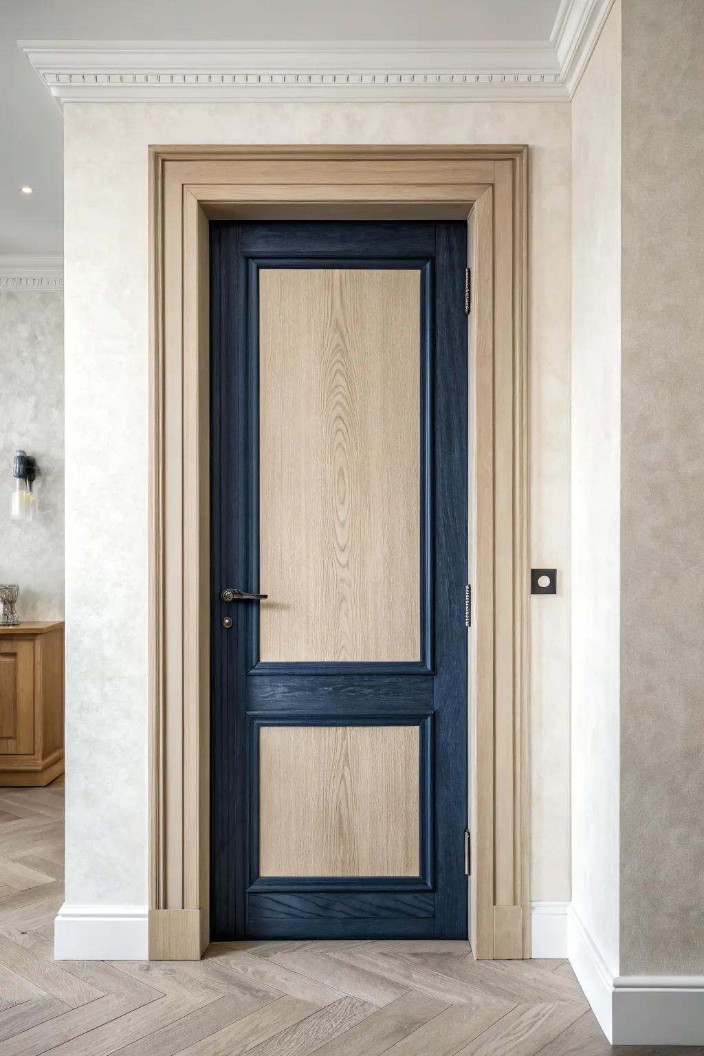 Light door, deep-tone trim—an instant velvet-frame effect that makes openings look taller.