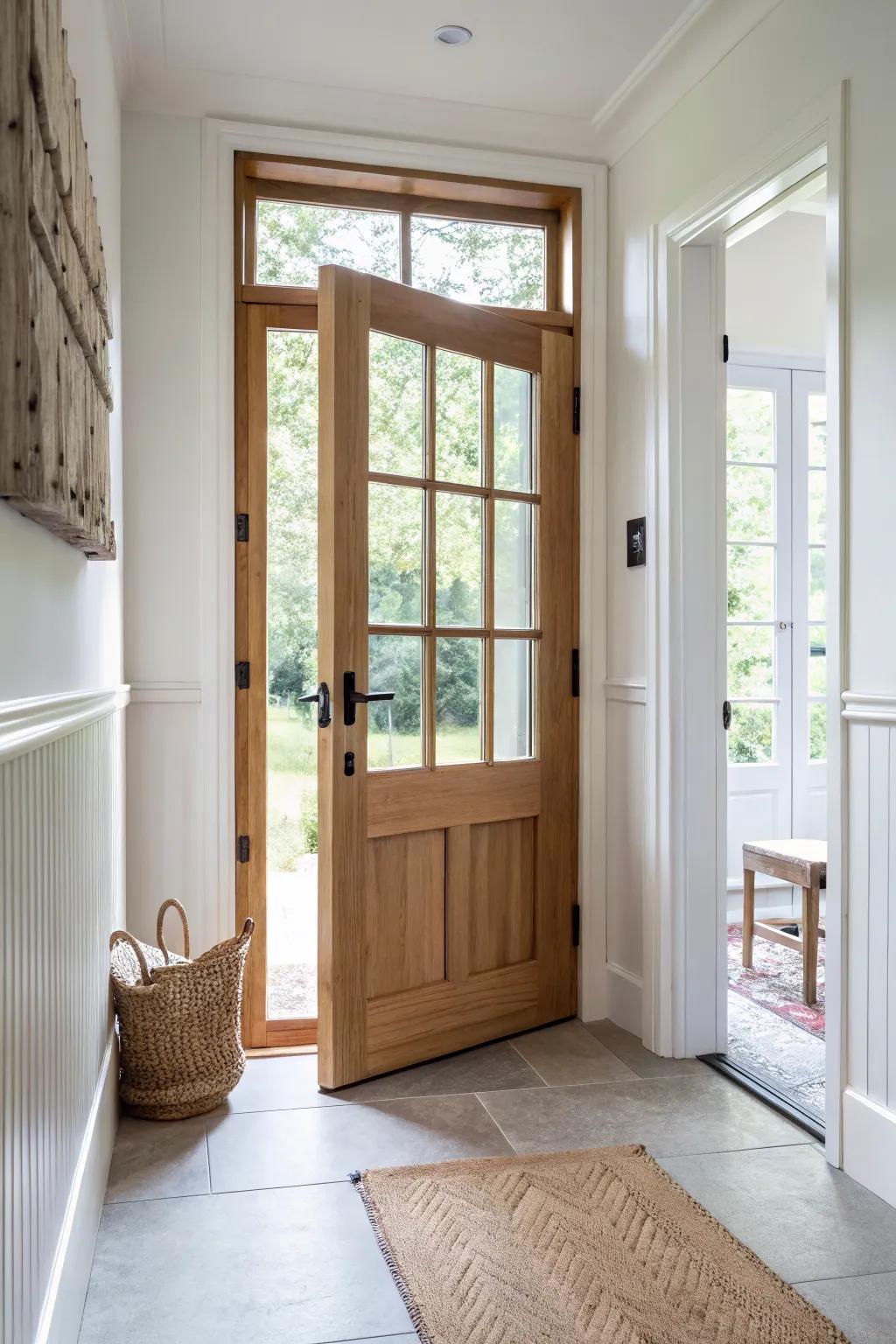 Half-wood, half-glass French door: farmhouse warmth below, bright light above.