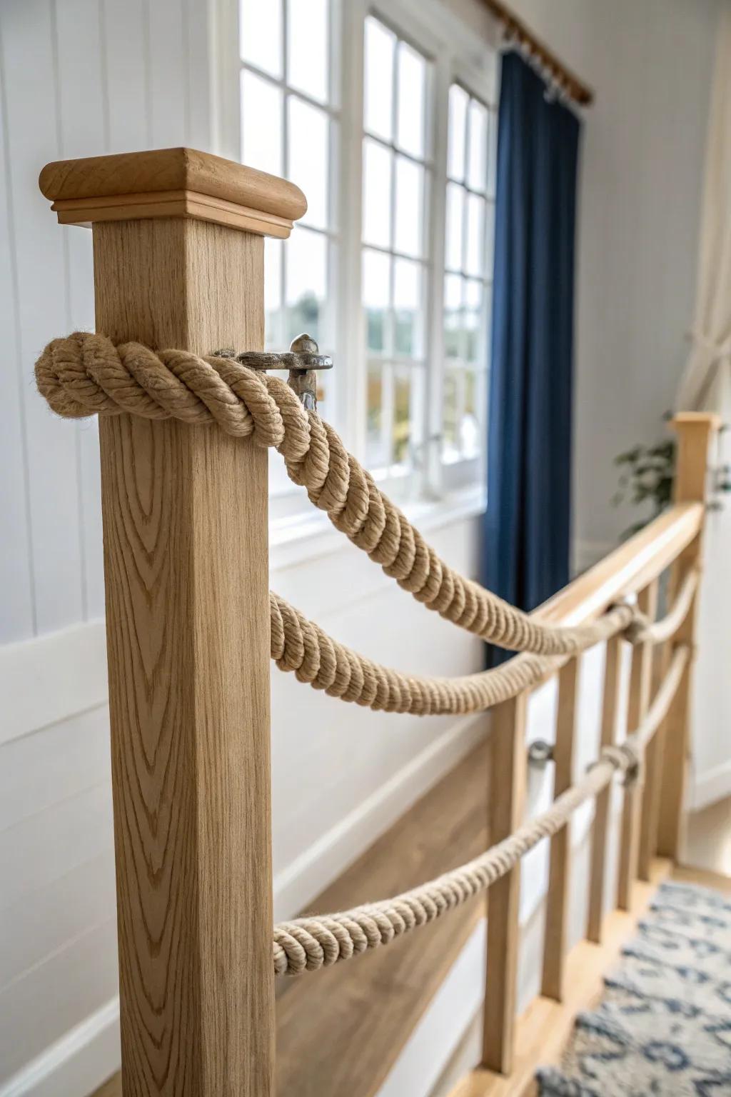 Soft jute rope infill on pale oak brings coastal cabin texture without heavy spindles.
