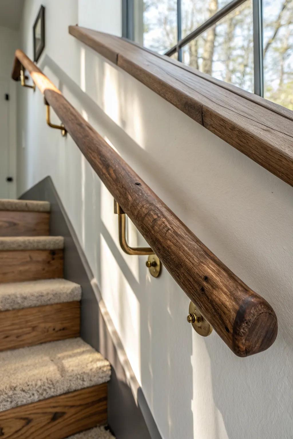 Live-edge statement rail—organic edge, silky grip, and warm walnut against a blush wall.
