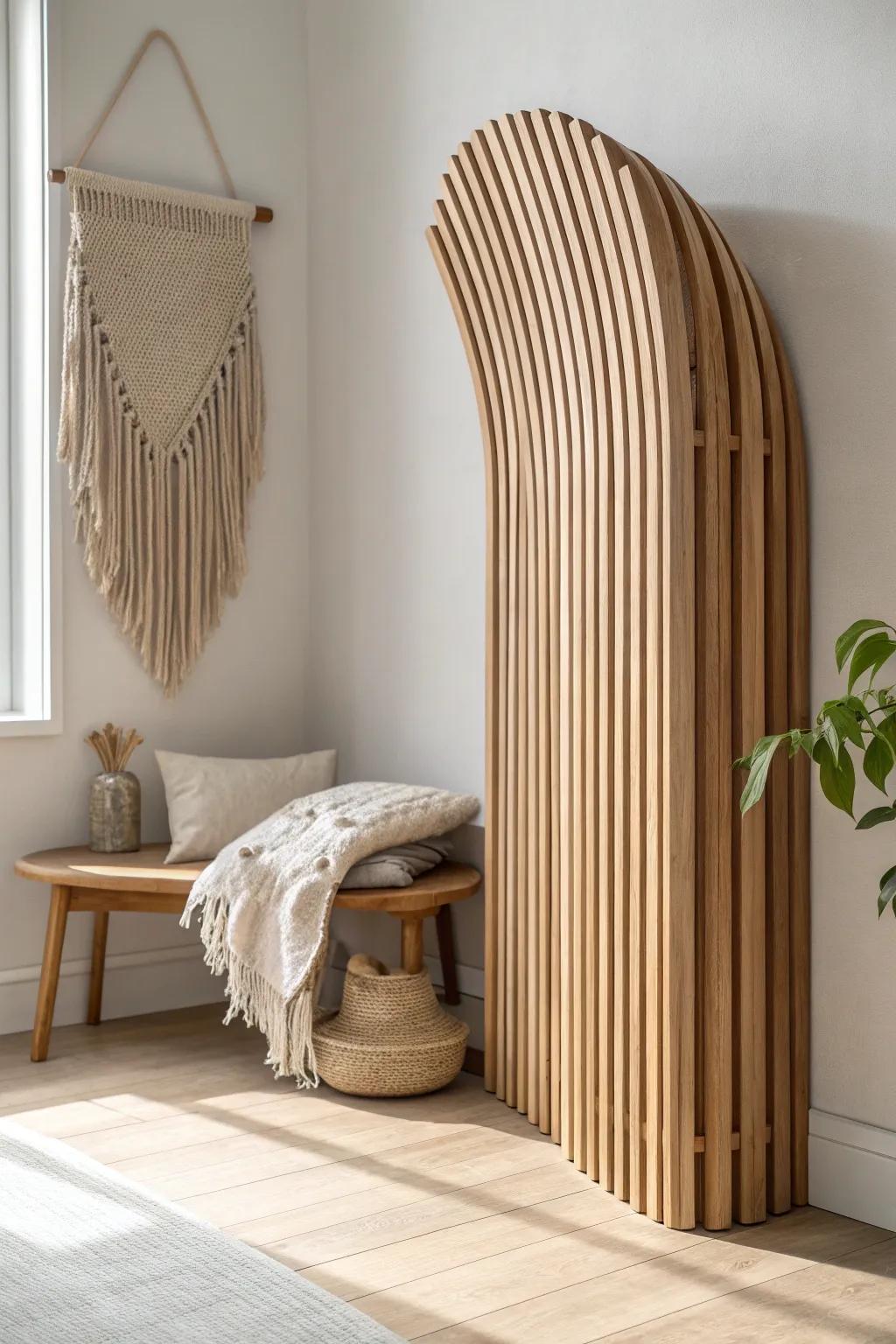 A curved wood slat wall turns your nook into a warm, sculptural statement piece.